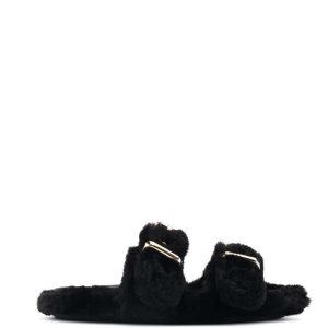 Nine West Plush Cozy Planos Chanclas Sandals Negros | 435RHNDCI